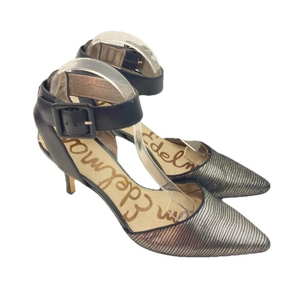 *Sam Edelman Okala Ankle Strap Heel Womens Size 8.5 Black Leather Gold Textured - Picture 2 of 12